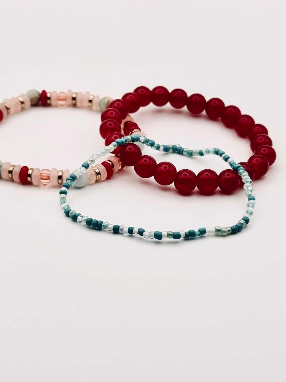 Hand Crafted Red, Pink, Teal Beaded Bracelet Set